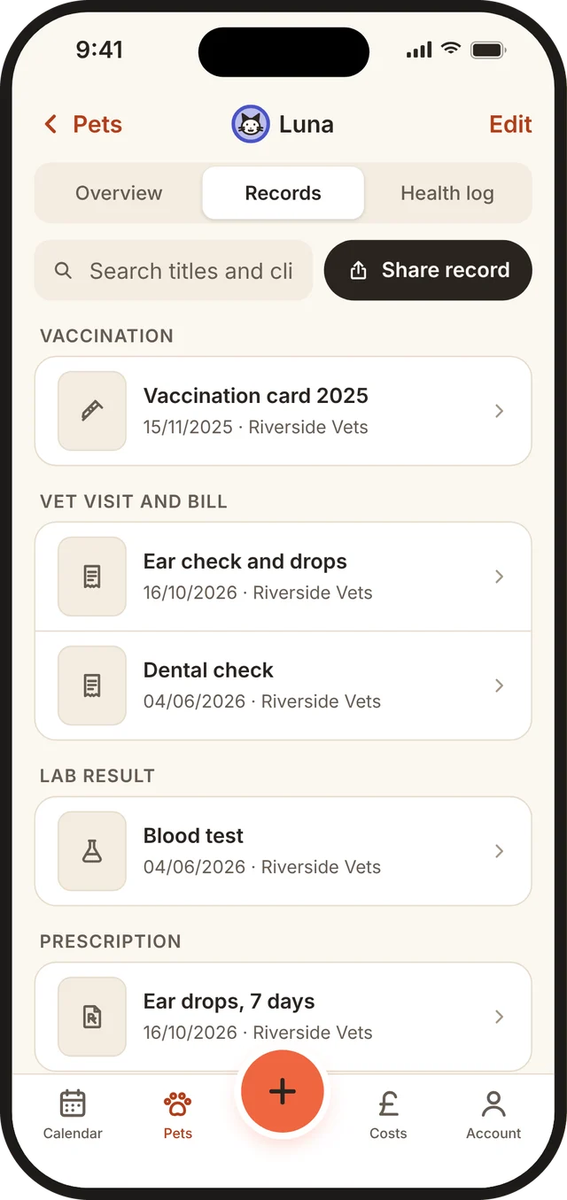 Boop records screen listing vaccination and vet visit documents